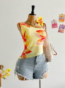 Soleia Women Plus Size Vacation Mesh Flower Print Asymmetrical Hem Fitted Blouse - Multicolor - View 6