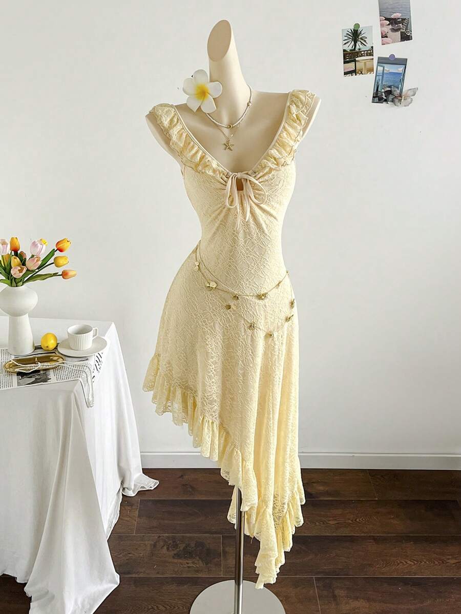 Soleia 度假淡黄色褶饰不对称下摆浪漫连衣裙 - 淡黃色 - 查看 1