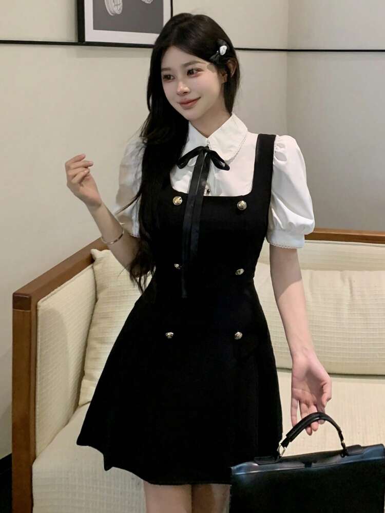 Women's Fitted Solid Color Suspender Dress With Metal Buckle Decor, Suitable For School Season, Spring/Summer