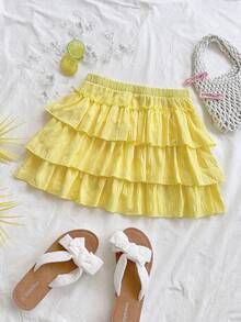 Soleia Casual Solid Color Ruffle Hem Mini Skirt For Holiday Tiered Ruffle Skirt Summer Skirt Ruffle Skirts Frilly Skirt Yellow Ruffle Skirt