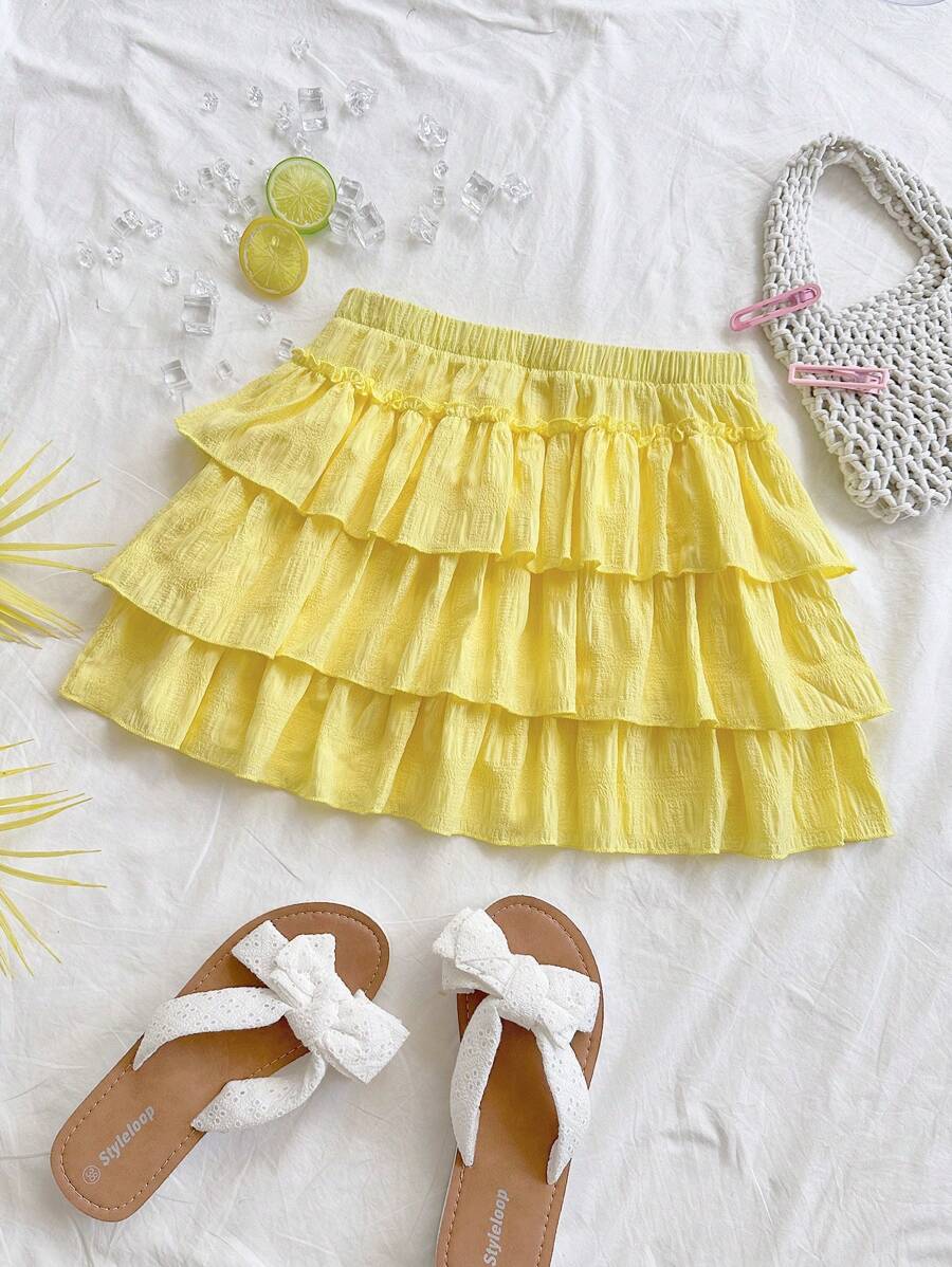 Soleia Casual Solid Color Ruffle Hem Mini Skirt For Holiday Tiered Ruffle Skirt Summer Skirt Ruffle Skirts Frilly Skirt Yellow Ruffle Skirt