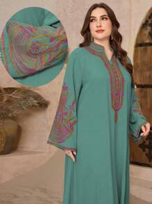 Al Najma Plus Size Embroidered Notched Neck Arabic Style Dress For Women, Plus Size Kaftan & Jalabiya,Modest - Green - View 1