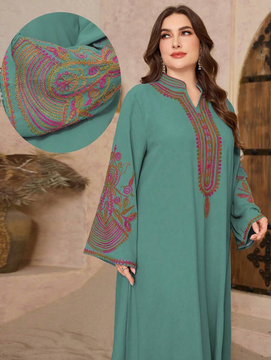 Al Najma Plus Size Embroidered Notched Neck Arabic Style Dress For Women, Plus Size Kaftan & Jalabiya,Modest - Green - View 1