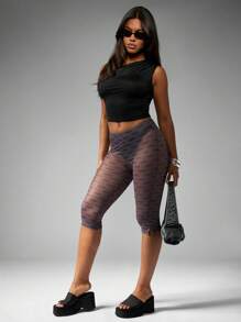 Missguided x Playboy 高腰卡普里徽标印花紧身裤，弹力中长款时尚下装，Y2K 节日街头服饰 - 黑色 - 查看 3