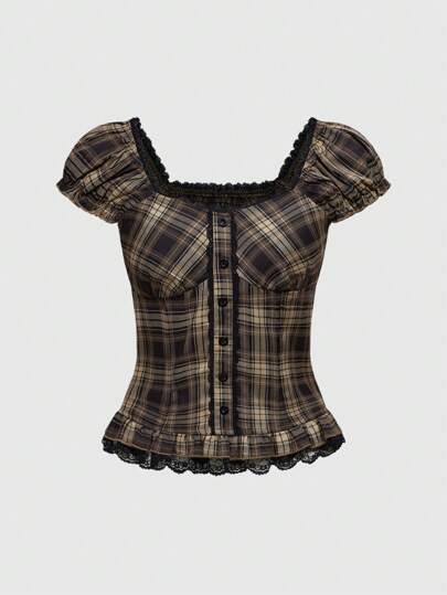 Goth Chemise à carreaux de style universitaire pour femmes avec ourlet volants et manches bouffantes