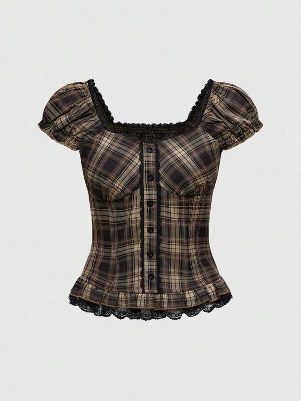 ROMWE Goth College Style Women's Plaid Shirt With Ruffled Hem And Puff Sleeves