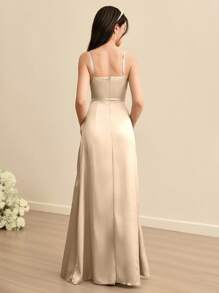 SHEIN High-End Satin Dress With Draped Collar, Spaghetti Straps, Front Slit, Suitable For Weddings, Galas, Birthdays, Christmas, Thanksgiving, Halloween Parties Fall Winter - Apricot - View 2