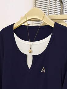 SHEIN EZwear 女士字母印花二合一长袖休闲 T 恤 - 藏蓝色 - 查看 3