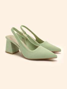 CUCCOO BASICS Fashionable Olive Green Fabric Backstrap Thick Heel Pointed Toe PU Leather Commuting Slingback Shoes, Suitable For Dating, Party, Vacation - Green - View 3