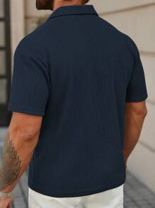 Manfinity Homme Men's Solid Color Waffle Dropped Shoulder Short Sleeve Casual Single-Breasted Shirt - Royal Blue - View 2