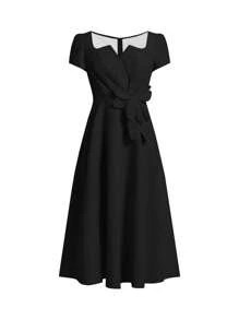 Ellevyn Women's Solid Color 3D Floral Decor Short Sleeve Elegant Long Dress - Black - View 7