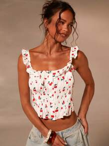 Athîral 女式樱桃印花褶饰纽扣吊带背心，夏季时尚 - 彩色 - 查看 3