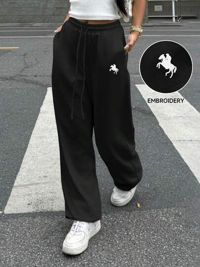 Muchica 女式松紧腰抽绳宽松休闲刺绣针织运动裤，夏季