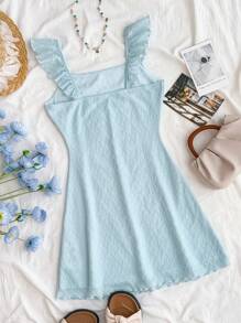 SHEIN TEENGIRL Vacation Goose 蓝色纹理针织荷叶边下摆紧身连衣裙，非常适合下午茶和街头风格 - 藍色 - 查看 2