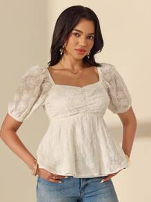 Almamuse Women Elegant Romantic Embroidered Short Sleeve Blouse - White - View 3