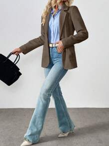 Franclia 女士人字纹米色西装外套，高品质冬季外套，美拉德印花款式，适合大学秋季穿着。 - 咖啡棕 - 查看 3