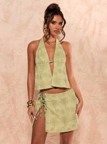 SHEIN BAE Spring And Summer Women's Minimalist Fitted Halter Tank Top, Casual Holiday Wear/Beach/Vacation - Green - View 6