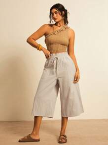 Freevana Plus Size Women's Solid Color Ruffle Hem Drawstring Waist Pockets Casual Pants - Apricot - View 6