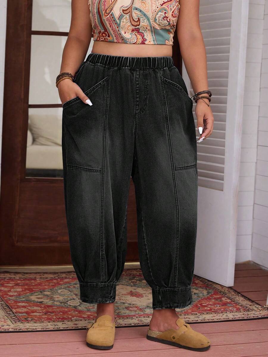 EMERY ROSE Plus Size Women's Non-Stretch Elastic Waist Casual Jeans