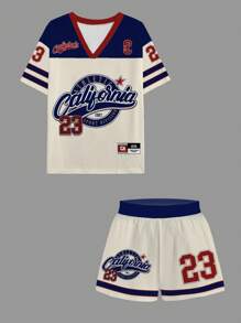 Slaydiva 2pc Set Women's Casual Simple Jersey Outfit, Car Race Style "California" English Print, Spring/Summer 2025 Sporty Dress Suitable For Going Out