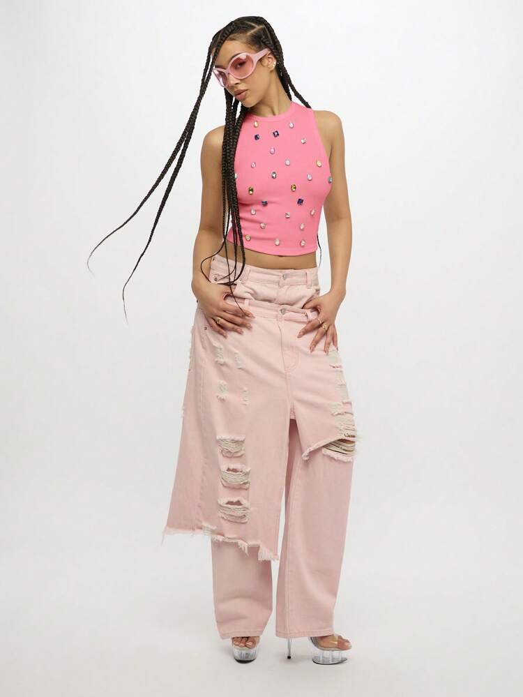 SUMWON WOMEN Glamorous Crystal Embellished Crop Tank Top