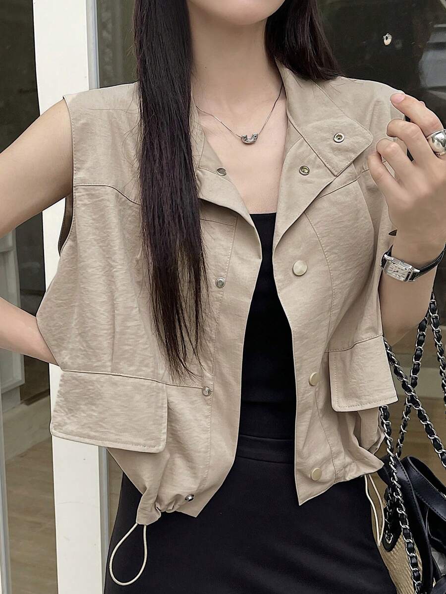 Livesso Women's Summer Sleeveless Loose Fit Pocket Decor Regular Jacket Vest Women Coats