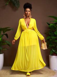 Veslaya 2015 New Vacation Party Going-Back-To-School Season Light Yellow Sheer Lace Hollow-Out Waist Maxi High Split Dress, Plus Size - Yellow - View 1