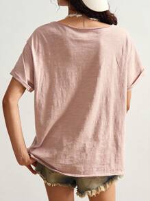 Bohemela 波西米亚风独立日休闲纯色针织圆领短袖宽松女式T恤 - 粉色 - 查看 7