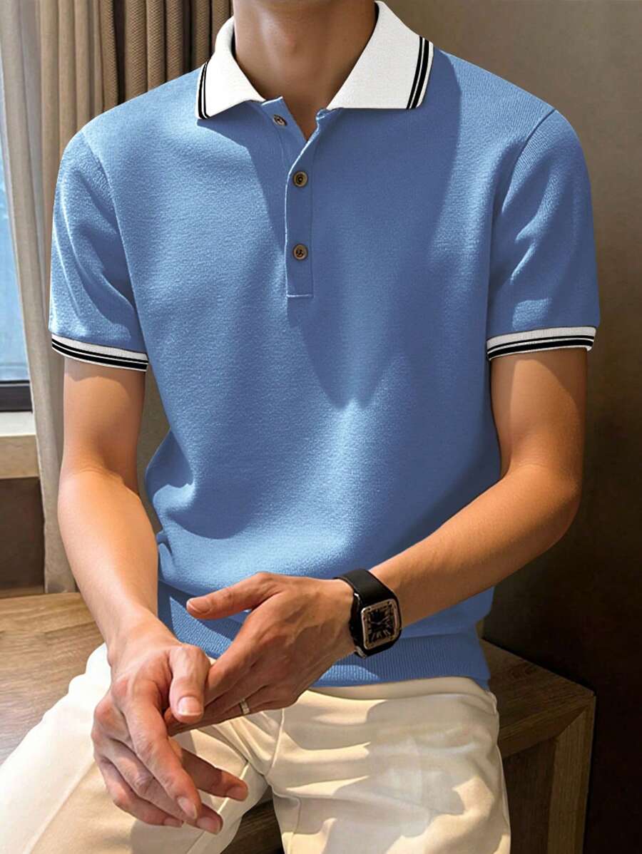 Manfinity Homme 男士夏季休闲拼色针织套头衫 - 淺藍色 - 查看 1