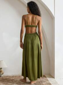 Ocili Ocili Vestido largo de satén sedoso y cómodo con tirantes retorcidos, estilo minimalista, camisón de descanso para damas