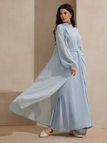 Graceveil Solid Color Elegant Wrap Waist Dress With Open Front Long Sleeve Cardigan Fall Cloth For Women - Blue - View 4