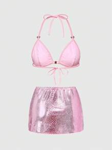 ROMWE J-Fashion Y2K 蛇皮印花系带性感女士内衣套装 - 粉色 - 查看 8