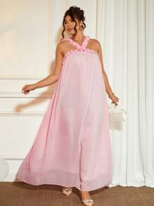 Cravure Plus Size Women's Solid Color 3D Floral Trim Adjustable Spaghetti Strap Flared Romantic Elegant Dress, Summer