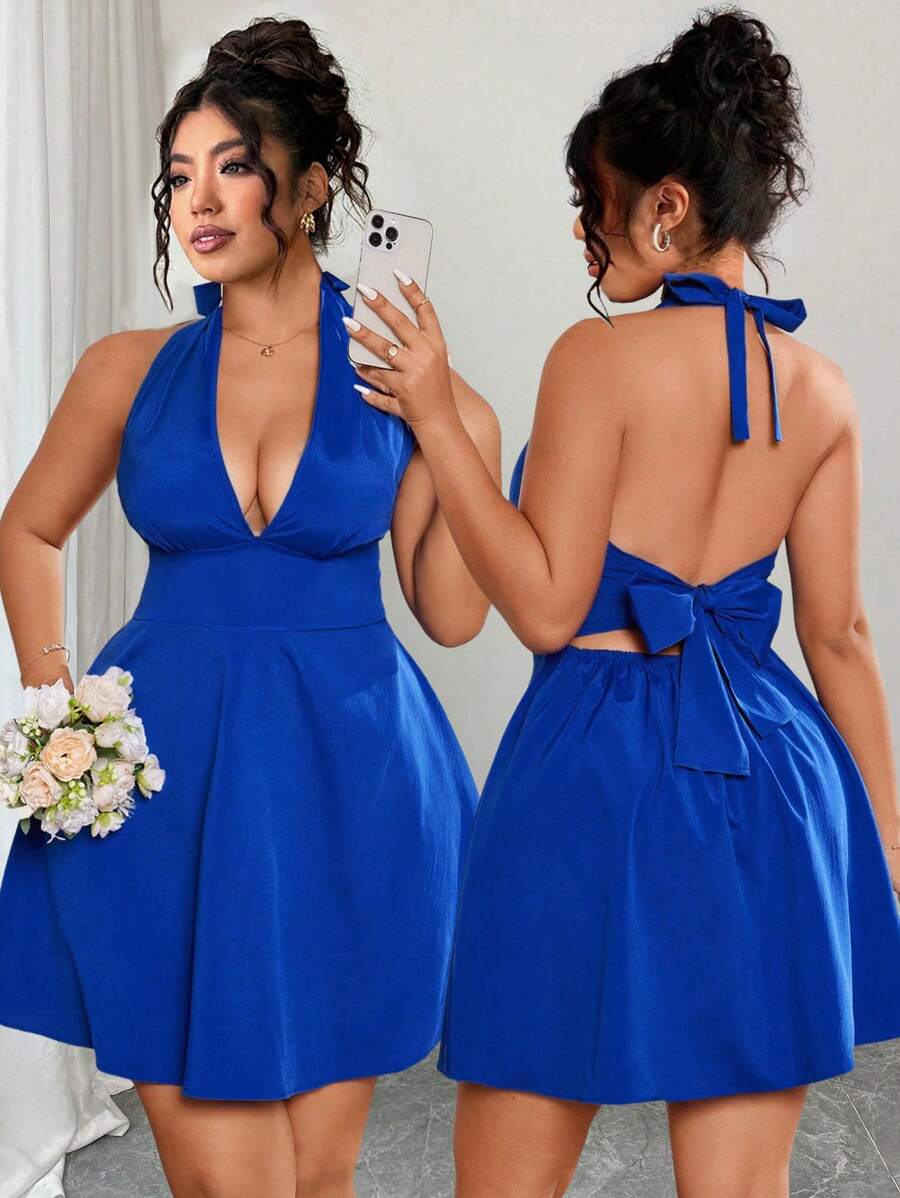 Elenzga Vestido azul elegante y sexy para mujer de talla grande, de estilo sencillo y fresco, con diseño de corbata en el cuello, adecuado para vacaciones y viajes - Azul - Ver 1