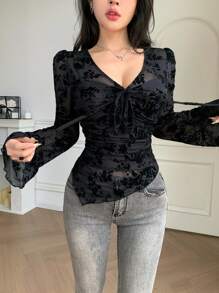 DAZY Ditsy Floral Asymmetric Hem Drawstring V-Neck Fitted Blouse With Bell Sleeves, Suitable For Spring & Summer Long Sleeve Women Tops,Fall Women Clothes