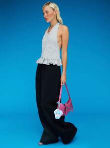 COUREZ Zip Front Halter Neck Top With Frill Hem / Y2K Cute Summer Tops Vintage - Light Grey - View 5
