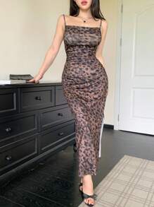 DAZY Robe mi-longue sexy à imprimé léopard pour femme, printemps/été