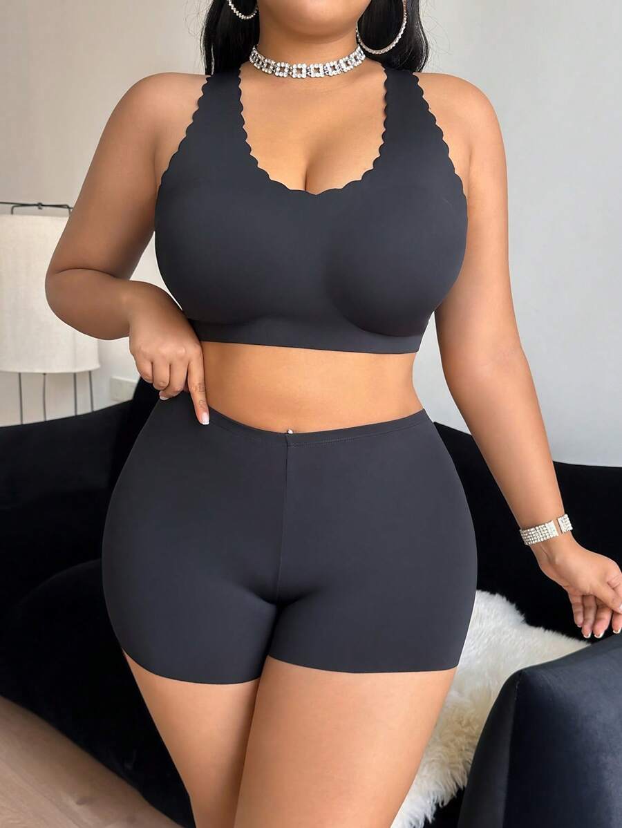 SHEIN 2 Piece Plus Size Seamless Solid Color Lingerie Set - Black - View 1