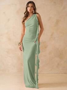 SHEIN BAE Spring & Summer Solid Color Asymmetric Ruched Backless Long Mesh Ruffled Hem Elegant Dress, Beach Vacation Dress,Valentine's Day,Valentine Outfits For Women - Mint Green - View 7