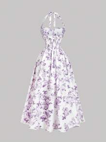 SHEIN MOD 女士浪漫花卉印花露背中长连衣裙 - 紫羅蘭色 - 查看 2