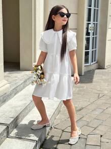 青少年女孩休闲甜美纯色彼得潘领荷叶边下摆短款连衣裙夏季太阳裙 - 白色 - 查看 4