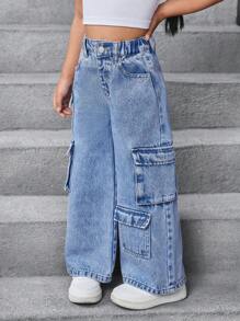 SHEIN 女童宽松工装口袋阔腿休闲牛仔裤 - 深色水洗藍 - 查看 6