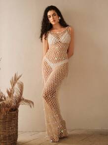 Anewsta Elegant High-End Handmade Beaded Sheer Back Cover Up, Fashion & Sophisticated For Summer Beach Vacation - Apricot - View 4