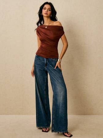 Poéselle 1 件女式纯色不对称领口褶饰优雅短袖衬衫