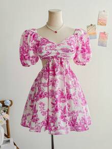 Soleia Sukienka damska typu romantyczna, z bufiastymi rękawami i kwiatowym nadrukiem, z odkrytymi plecami i wiązaniem w talii, w kształcie litery A, w stylu księżniczki, na wakacje - Wielokolorowe - Zobacz 5