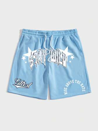 Prep Herren Basketball Shorts mit Buchstaben- und Stern Muster, Kordelzug Taille, Schule