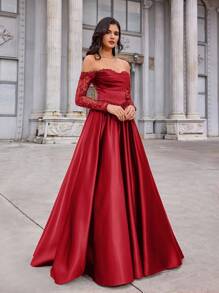 Glamrae Đầm xòe rộng sang trọng, thanh lịch, trễ vai, tay ngắn, chất liệu satin xuyên thấu, phối ren và họa tiết, thích hợp cho đám cưới, tiệc độc thân, kỳ nghỉ, dạ hội, hẹn hò, các dịp trang trọng (phiên bản cao cấp), dành cho Ngày Valentine. - Đỏ - Xem 3