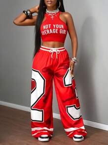 Slaydiva Women's 2 Pieces Outfit Red And White Summer Grunge Birthday Sports Style Round Neck I-Shaped Vest Slogan Letter Print Wide-Leg Pants Set - Red - View 5