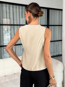 Lavishia 法式风女无袖背心通勤金属大纽扣衬衫夏季波西米亚机场夏装夏季碎花纽扣纯色紧身优雅 - 彩色 - 查看 2