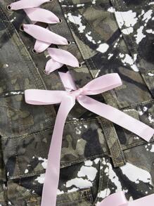 ROMWE J-Fashion 女式夏季时尚撞色蕾丝蝴蝶结装饰抹胸牛仔连衣裙 - 軍綠色 - 查看 3